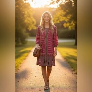 ANN TAYLOR LOFT Puff Sleeve Dress Red White Black Diamond Boho Mosaic Shift